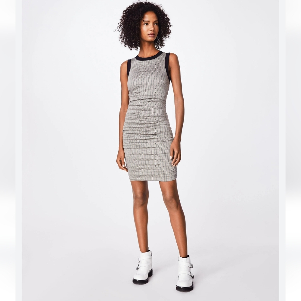 Nicole Miller Collection Striped Ruched Cotton Sheath Dress Taupe Small